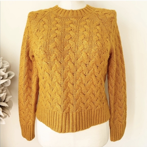 New Lucky Brand Quinn Cable Knit Cotton Blend Mustard Yellow Medium Sweater - Picture 6 of 15